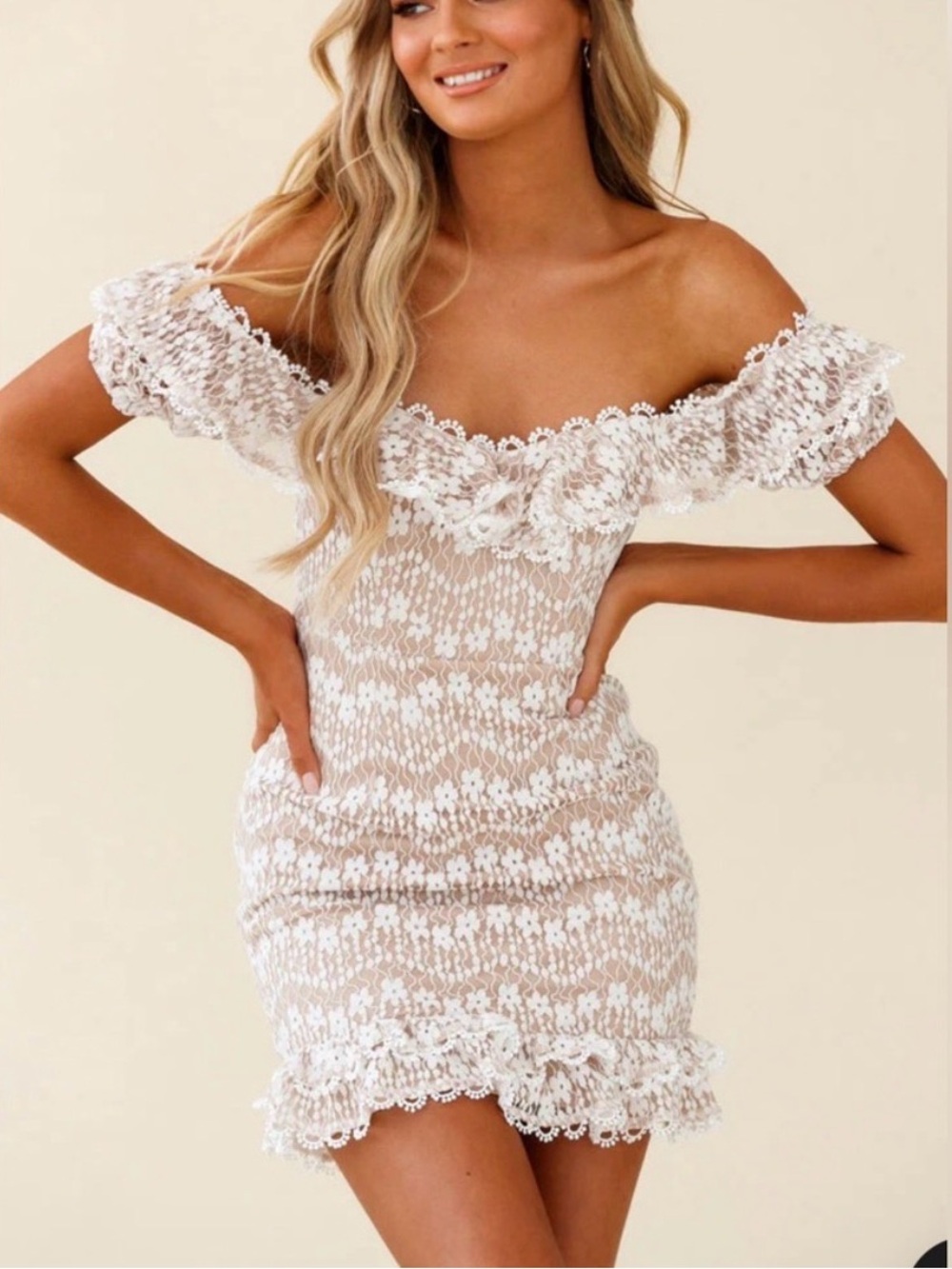 Off-Shoulder White Lace Mini Dress